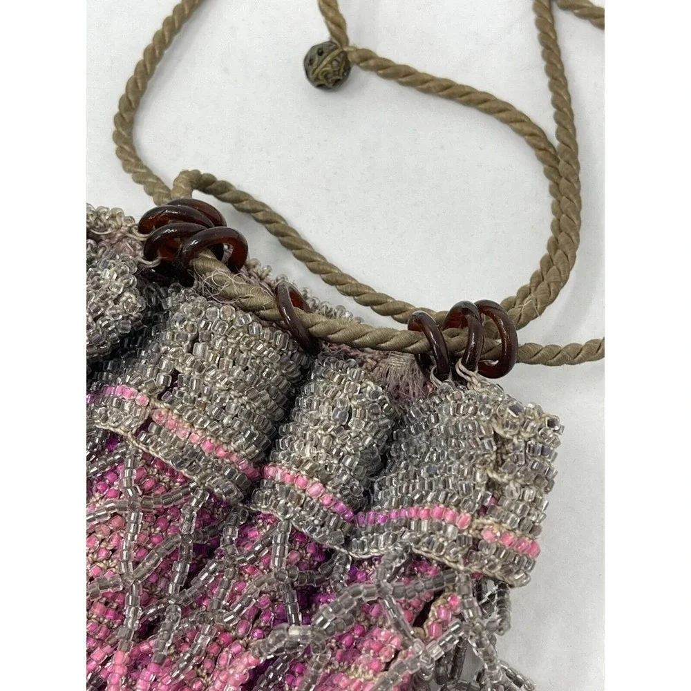 Glass Bead Drawstring Flapper Purse Manganese‎ Cadmium 1920s Purple UV Reactive